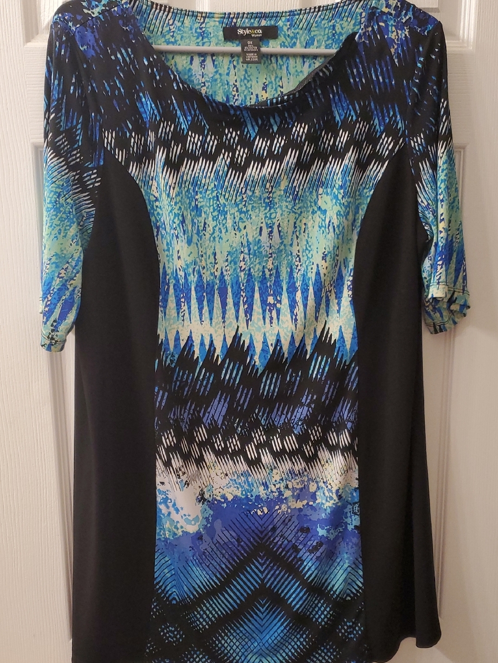 Style & Co. Black Top with Blue & Teal Abstract Print